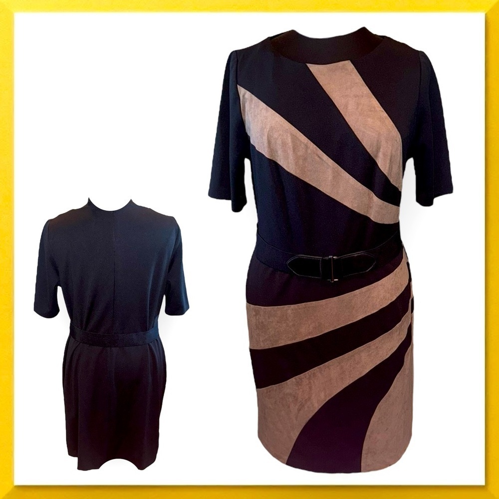 CONNECTED APPAREL Asymmetrical Sheath Dress - Black/Tan 16W